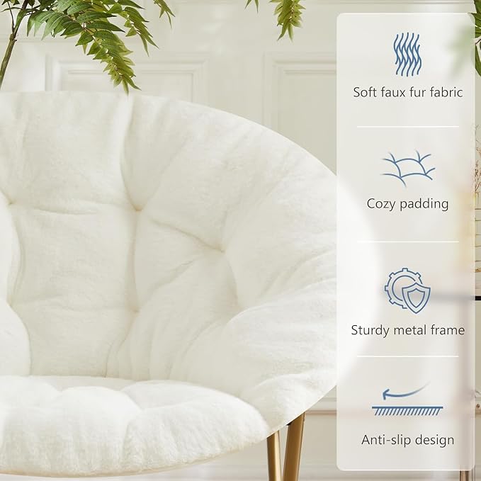 Simple Deluxe Saucer Chair, Round Foldable Reading Chairs, X-Large Size Cozy Papasan Chair, Comfy Furry Padded Moon Chair, Round Dorm Chairs for Bedroom Living Room, White - Image 5