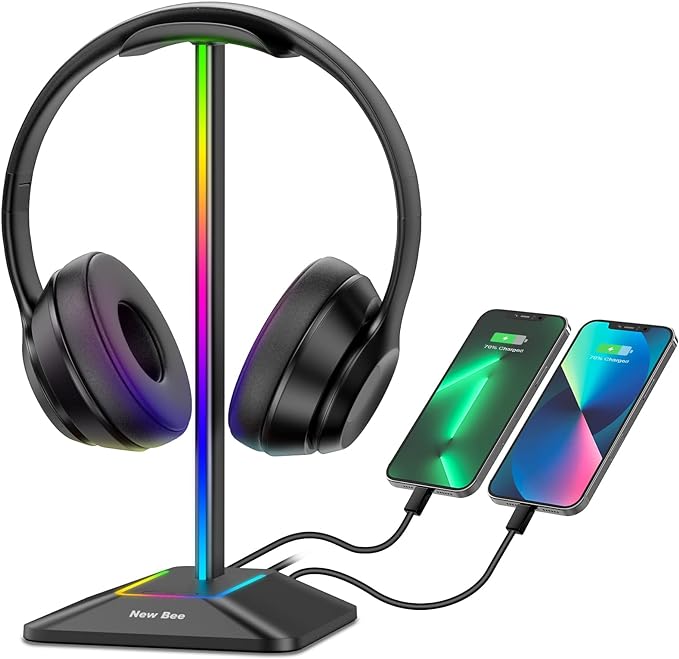 New Bee Headphone Stand with RGB Lighting, Sturdy Aluminum Gaming Headset Holder with USB-C & USB Charging Ports, Stable Desktop Earphone Stand for All Headphones Size, Black | USB-C & USB Charging Ports, Stable Desktop Earphone Stand for All Headphone... by NewBee