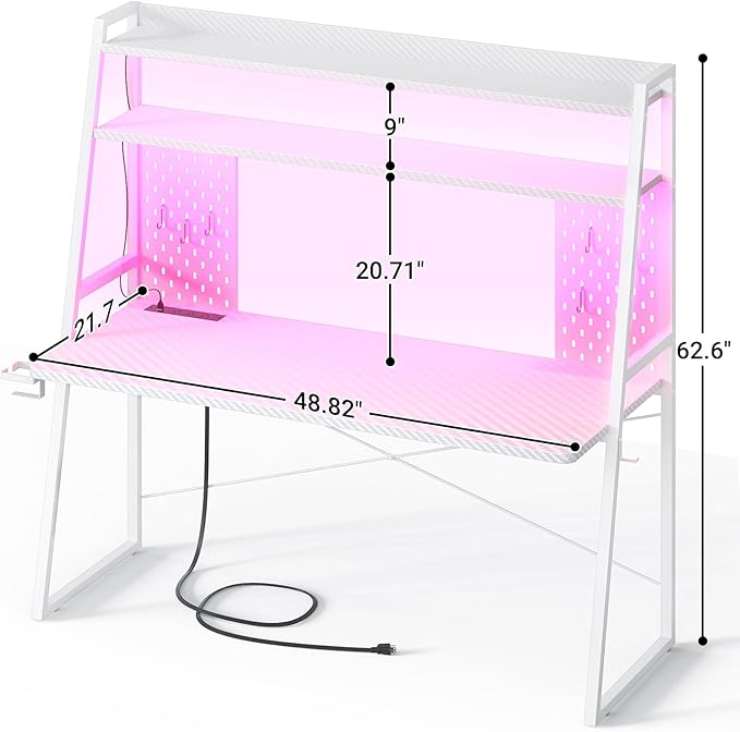 Besiost Gaming Desk with Hutch and LED Lights, Gaming Computer Desk with Power Outlets, Gamer Desk with Storage Shelves, PC Game Desk with Pegboards for Bedroom, Carbon Fiber White, 49" - Image 2