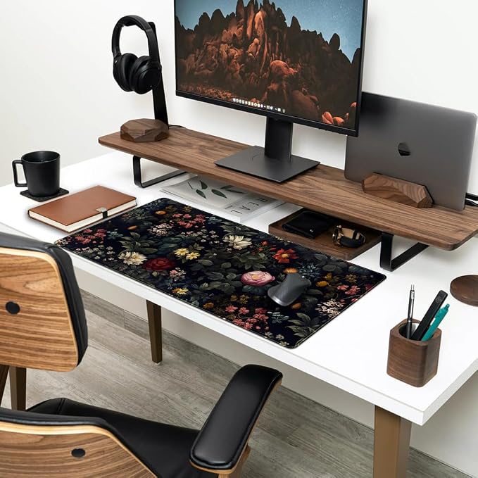 Black Vintage Desk Mat Desk Pad Large Mouse Pad for Desktop Laptop Keyboard | Mouse Pad Desktop Mat Pad with Non-Slip Base Vintage Computer Desk Mat for Woman Home Office Desk Decor 31.5 x 15.8 in - Image 3
