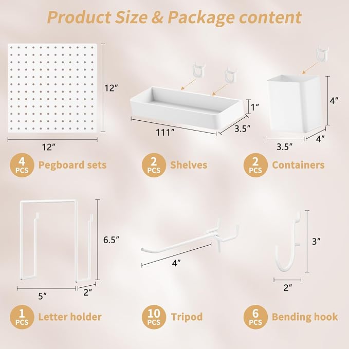 FZK Modular Plastic Pegboard Wall Organizer Kit, White， 12x12, 4 Panels | ABS material, wall mount storage kit, includes hooks and shelves, drill free or screw installation, for home decor & office - Image 3