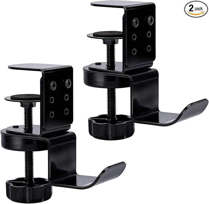 2pcs Heavy Duty Desk Clamp Hook, Carbon Steel 360° Rotating Under Desk Table Bag Hook Clamp on Hanger Office Gaming Accessories for Umbrellas Backpack Headphone Purse (Black) by Unknown