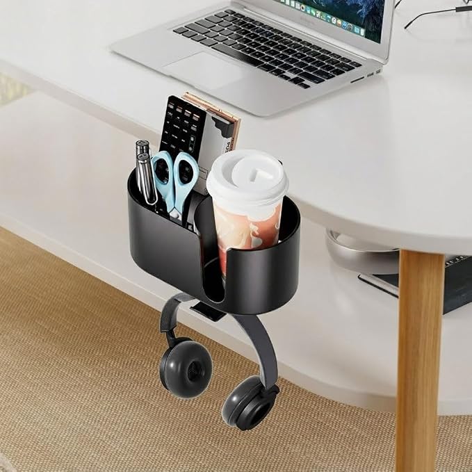 4 in 1 Desk Cup Holder Clamp, Desk Side Drink Holder with Headphone Hook - Image 3