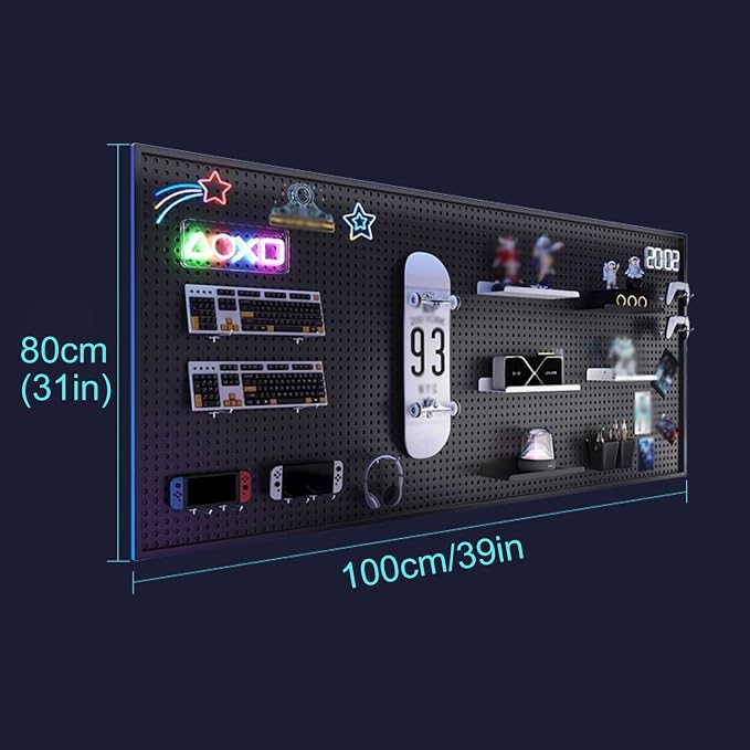 Desk Pegboard Metal Gaming Pegboard Black Peg Board Organizer with 20 Pcs Hooks for Office, Garage Tools, Kitchen, Craft(100x80cm/39x31in) - Image 2
