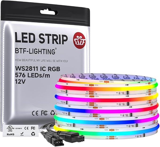 BTF-LIGHTING RGB WS2811 Smart IC FCOB COB LED Strip, UL Listed 576LEDs/m High Density Color Chasing Uniform Light, DC12V 16.4FT 10mm Width Tape Light for Home Party DIY Decor(No Adapter or Controller) by BTF-LIGHTING