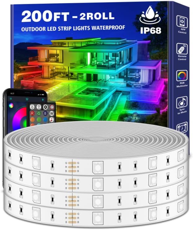 LETIANPAI 200ft Outdoor LED Strip Lights Waterproof, IP68 Outside Led Light Strips with App and Remote,Music Sync RGB Exterior Rope Self Adhesive Back for Deck,Balcony,Pool by LETIANPAI