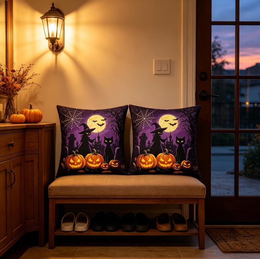 Halloween Throw Pillow Covers, Witch Pumpkin Bat Spider Web, Linen, 18x18 Inch, Set of 2, Machine Washable - Image 2