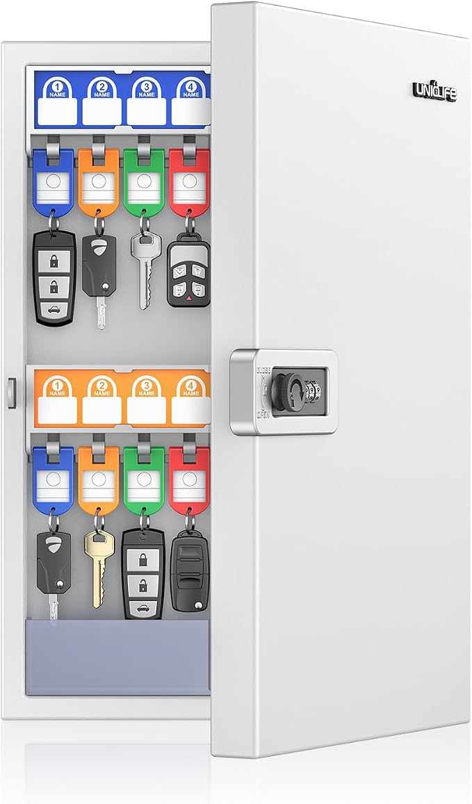 Uniclife Key Lock Box, Wall Mount Key Box, Car Key Organizer with Writable Key Racks and Tags, 32-Key Combo Lock, White, Security Key Holder Storage Box for Office, Company by UnicLife