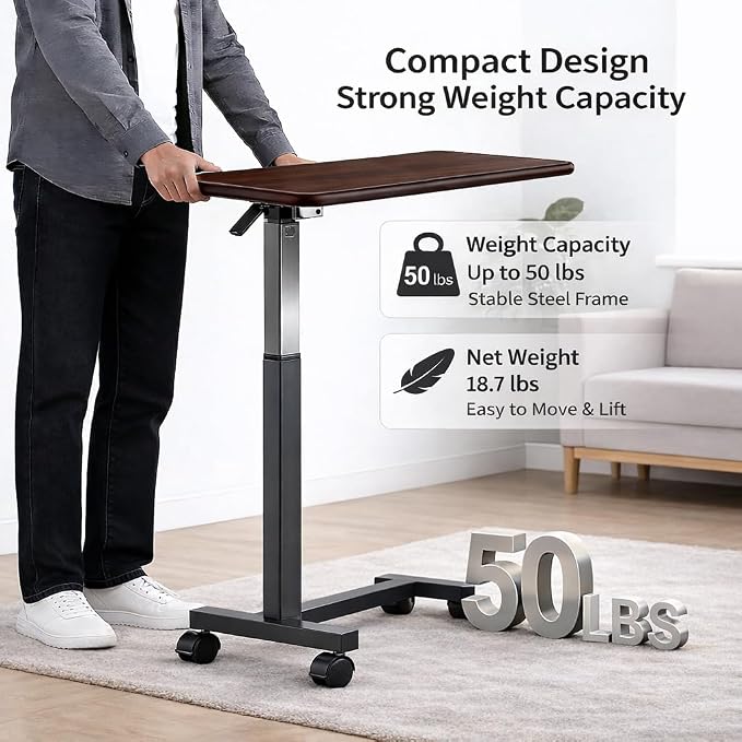 Adjustable Overbed Table with Wheels, Pneumatic Height Lift Rolling Bedside Table, Standing Desk for Home & Office Use, Ideal for Seniors & Limited Mobility(Walnut Brown) - Image 3