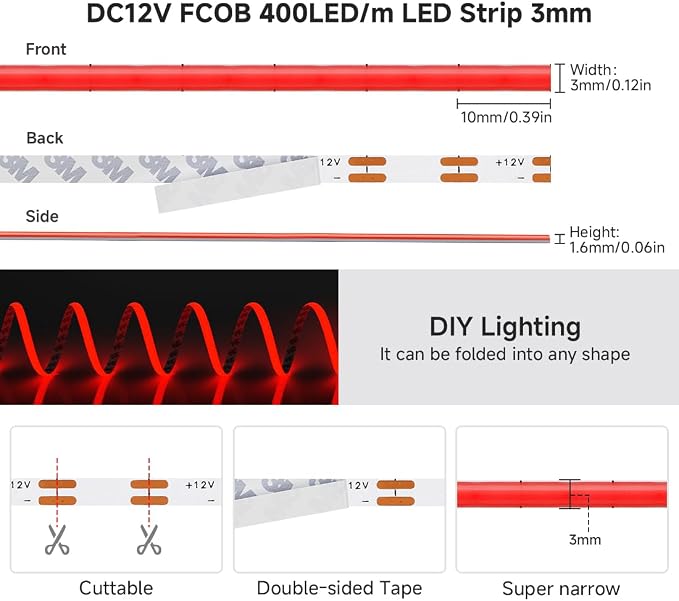 BTF-LIGHTING UL Listed Red Color 3mm Width FCOB COB LED Strip Light - Image 4