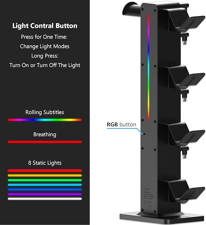 KAFRI RGB Gaming Headphone Stand with Controller Holder, Desk Organizer with Retractable Charger Cable, 2 AC Outlets & 4 Type-C Charging Ports, PC Gaming Accessories for Headset & Controller (Black) - Image 5