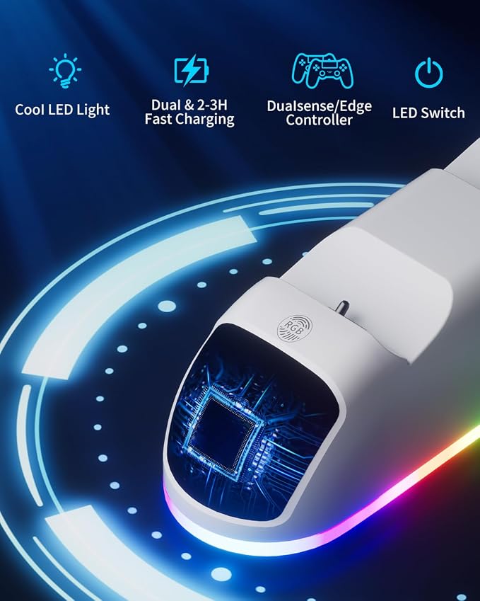 PS5 Controller Charger Station，Upgrade Version with 10 LED Mode & RGB Button, Safe Fast Charging and Overcharge Protection Dock for Dualsense PlayStation 5 Controllers - Image 5