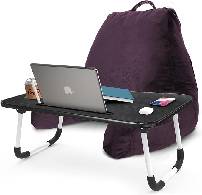 Nestl Reading Pillow with Portable Laptop Lap Desk - Shredded Memory Foam Back Support Pillow for Sitting Up in Bed and Couch Rest Pillows with Arms, Bed Tray Table with Foldable Legs, Purple by Nestl