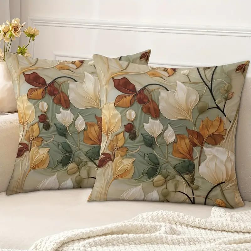 Decorative Throw Pillow Covers, Vintage Floral Pattern in Sage Green and Brown, 2 Pack Square Cushion Cases with Autumn Leaves Design，20x20 Pillows Linen Pillowcase by Unknown