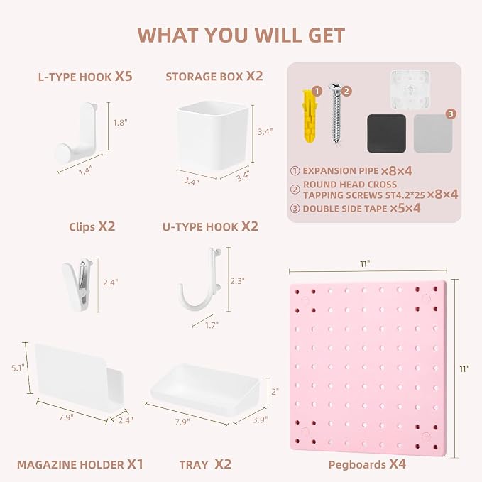 VUSIGN Peg Board Combination Kit 22"x22" Pegboards, Pink | Pegboards and Accessories, Two Installation Modes, Pegboard Organizer Kit 4 Panels & Accessories for Wall - Image 2