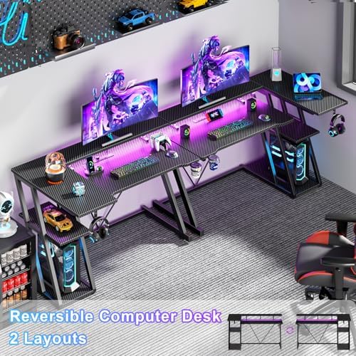 Korfile 40 Inch Gaming Desk with Power Outlet & LED Lights, L Shaped Computer Gaming Table with 3 Tiers Storage Shelves, Corner Gamer Desk with Monitor Stand for Small Space, Carbon Fiber Black - Image 3