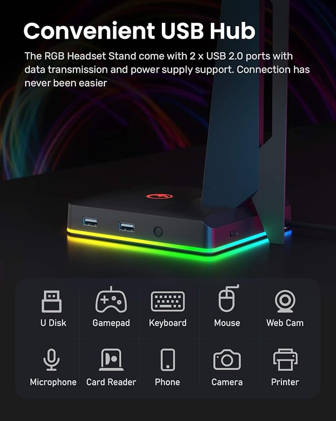 RGB Gaming Headset Stand with 2 USB Ports, Game Headphone Mount for PC, Xbox One, PS4, Switch, Earphone Holder Hanger, Great for Gaming Stations, Fancy Desk Gamer Accessories, Black - Image 4