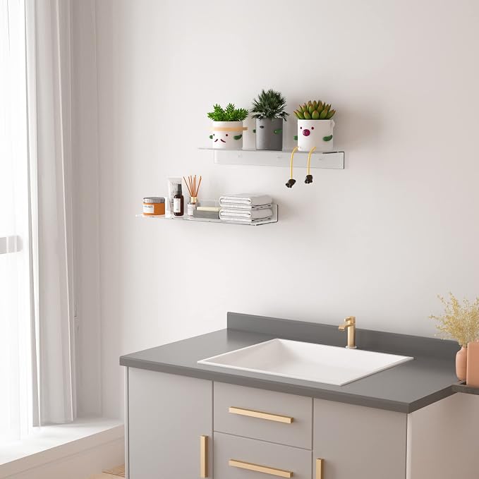 Sezanrpt 24 Inches Clear Floating Shelves for Wall, Acrylic Long Wall Shelf, Wall Mounted Shelves for Plants, Speaker, Radio, Funko Pop, Stuffed Animal, Books, Cosmetics, Toiletries, 2 Pack (24 Inch) - Image 2