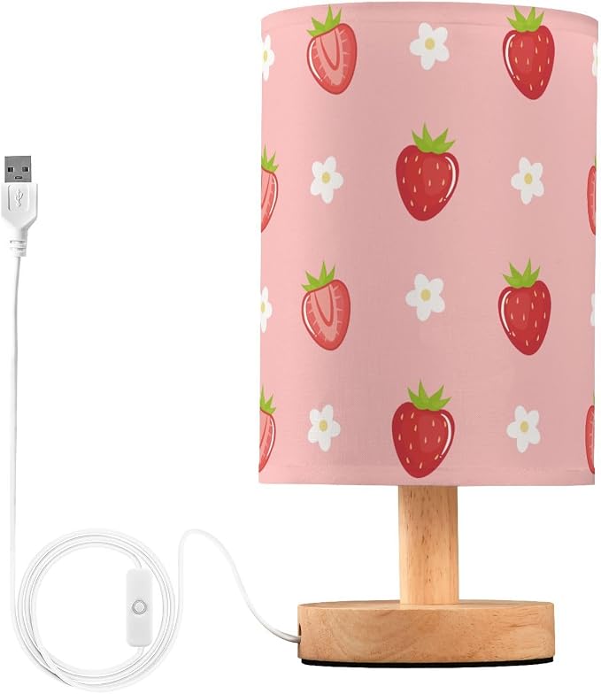 Bedside Table Lamp Cute Strawberry Florals Nightstand Lamp with Wood Fruits Flowers Pink Desk Lamps for Bedroom Living Room Nursery Office Home Decor by Oarencol