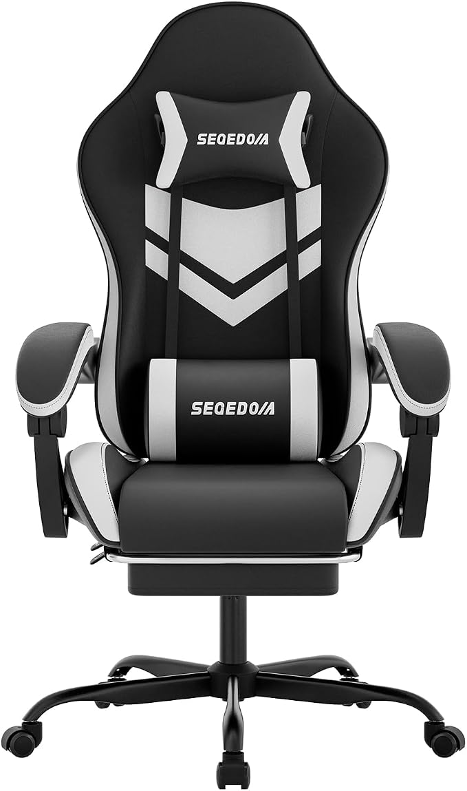 Gaming Chair with Footrest & Massage Lumbar Support, PU Leather Ergonomic High Back Swivel Height Adjustable Chair for Adults, Office Gaming, 300 lbs (Black White) by SEGEDOM