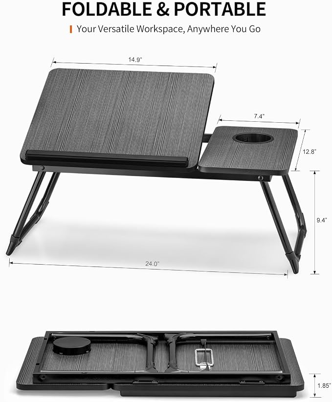 FISYOD Foldable Laptop Desk for Bed Couch, Adjustable Split Lap Desk with Cup Holder, Portable Lightweight Bed Table Tray, Heavy-Duty Laptop Stand for Working, Writing, Reading and Eating - Black - Image 2