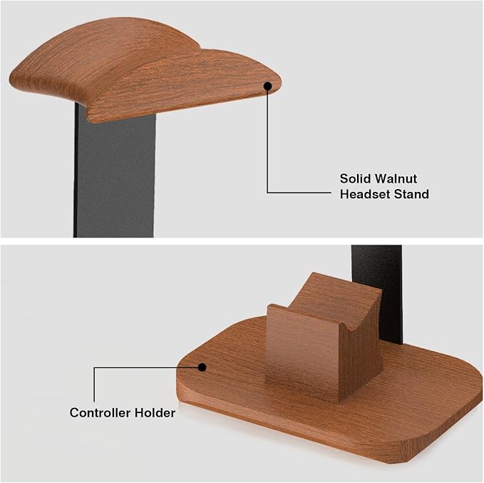 Walnut Headphone and Controller Stand, Desk Gaming Equipment Wooden Headset Controller Holder, Earphone Hook for Game Room Desktop PC Accessories, Gamer Gifts - Image 3