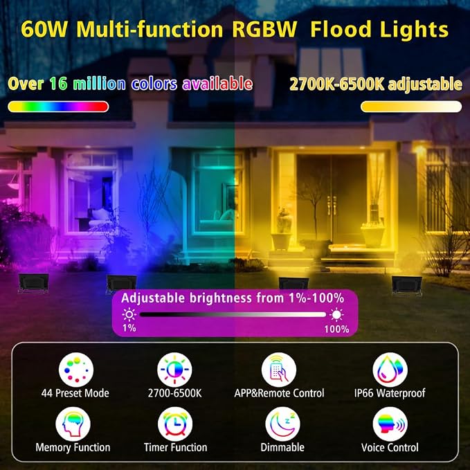 T-SUN LED Flood Lights Outdoor, 600W Equivalent Smart RGB Landscape Light - Image 2