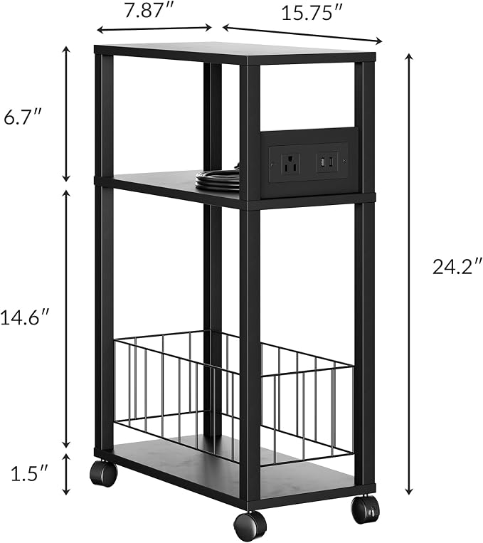 Rolling Side Table with Wheels, Narrow End Table with Charging Station - Image 2