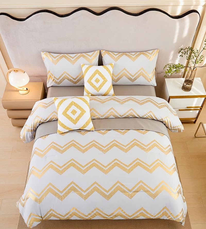 7PCS Gold and Grey Comforter Set,Gray Comforter Set Queen Size,Grey Bedding Sets Queen,Bed Set with Pillowcase,Sheets - Image 2