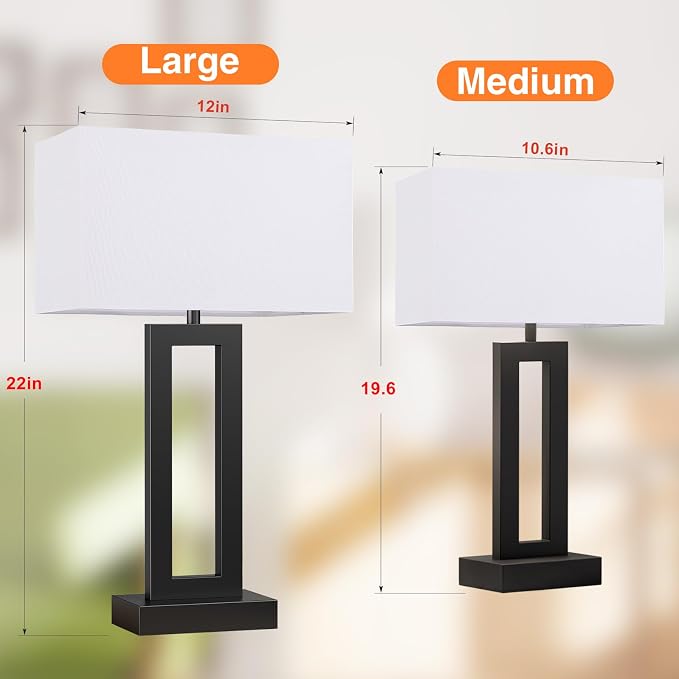 Seealle 22" Tall Living Room Lamps for Night Stands - Touch Bedside Lamp with USB C+A, 3 Way Dimmable Bedroom Lamps for End Tables Set of 2, Modern Night Stand Lamps for Bed Side(White&Black) - Image 2