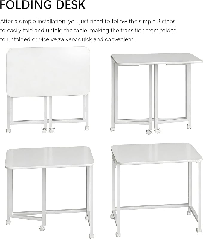 JSB Folding Desk for Small Spaces,Mobile Portable Rolling Laptop PC Table on Wheels,Foldable Computer Desk for Home Office,Bedroom,Dorm,Space Saving (All White, 23.6") - Image 5