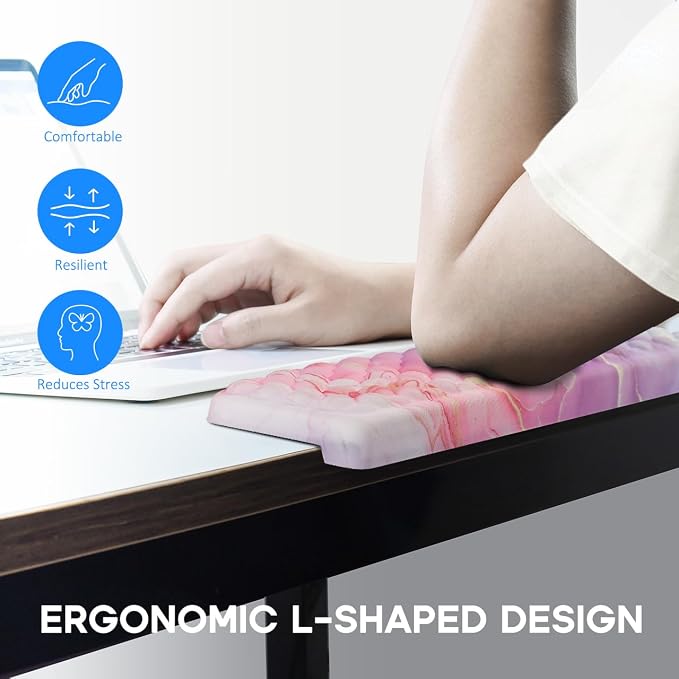 JIKIOU L-Shaped Desk Elbow Pad for Desk,Memory Foam Elbow Support Pad 2Pack | Massage Design, 14.9inch is 20% Longer for Comfort, Non-slip Rubber Base, Ergonomic Cushion for Pain Relief, Marble Pink - Image 3