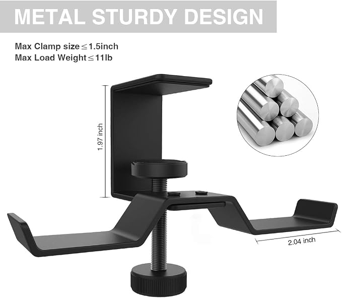 6amLifestyle Under Desk Dual Headphone Hanger, Metal Headset Stand Gaming Earphone Holder Universal Clamp on Desk Hanger Hook for All Headsets, Black (Patent) - Image 3
