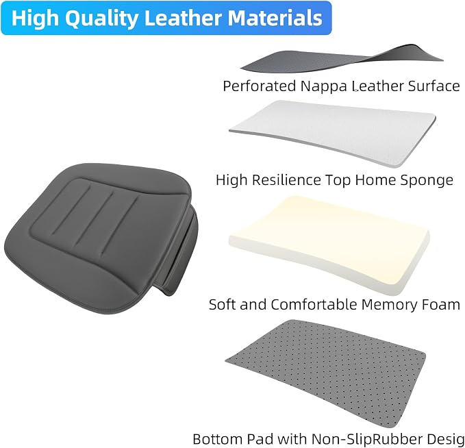 KAYI Car Seat Cushion, Comfort Memory Foam Car Cushions for Driving, Breathable Leather Surface with Anti Slip Rubber Bottom, Seat Cushion for Car and Office Chair (1 Pack, Grey) - Image 3