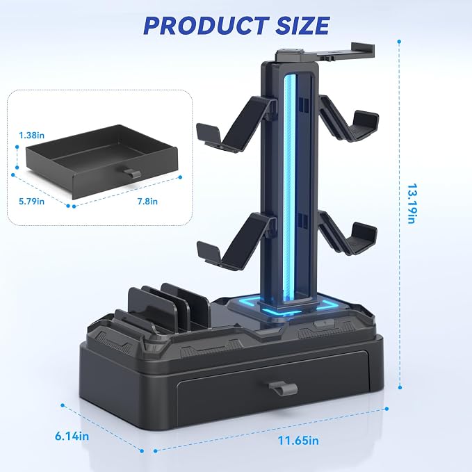 KDD Headphone Stand with USB A&C Charger Ports - RGB Controller Stand with Detachable Hooks - Rotatable Headset Hanger & Device Slot for Phones/Tablets - Drawer Storage Base for Gaming Desk Organizer - Image 7