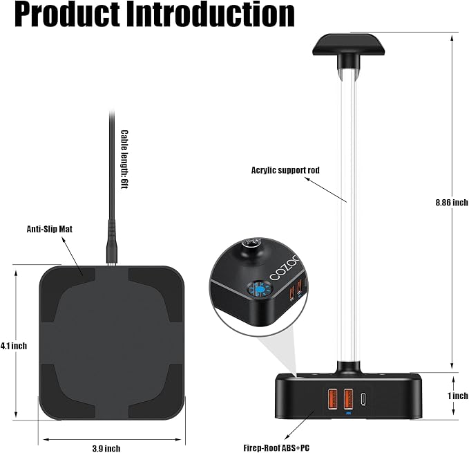 cozoo Headphone Stand with Charger, USB C, Gifts for Gamers Men, Black Pro | Gaming Headset Stand Holder for Desk, 3 USB(1 USB C) and 2 AC Outlets Charging Ports, Headphone Hanger, Gamer Gifts for Men - Image 7