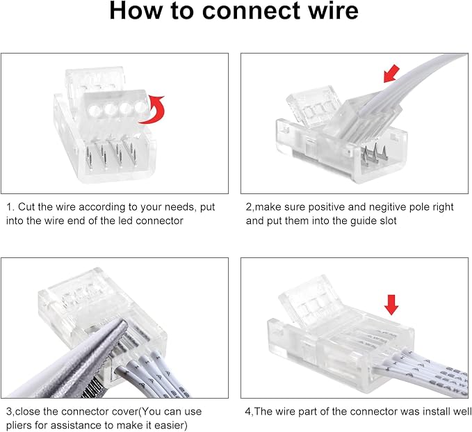 RGBZONE 10Pcs 4 Pin 10mm LED Strip Connectors and 32.8FT 4 Pin RGB Extension Cable Strip to Wire Quick Connection for 10mm Wide Waterproof or Non-Waterproof SMD RGB 5050 LED Strip Light(IP20/IP65) - Image 7