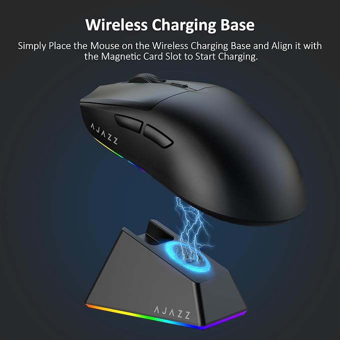 AJAZZ AJ139 V2 MC Wireless Gaming Mouse with RGB Charging Dock, 66g Ultra-Lightweight Tri-Mode Optical Mouse, 12000 DPI PAW3311 Sensor, Ergonomic Rechargeable Gaming Mouse for PC/Mac - Black - Image 6