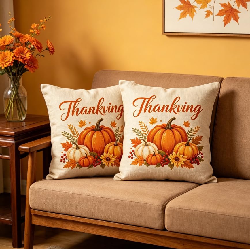 Thanksgiving Throw Pillow Covers, Linen, 18x18 Inch, Set of 2, Pumpkin Autumn Design, Farmhouse Style, Machine Washable - Image 2