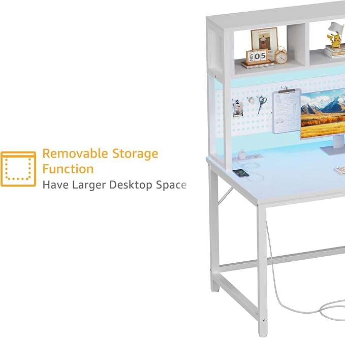 White Gaming Desk with Hutch and Pegboard - Computer Desk with Hutch, Power Outlet, 47 Inch Art Desk with Storage, Hooks, RGB and Side Bag, Writing Modern Study Teen Desks for Girl Bedroom Home Office - Image 6