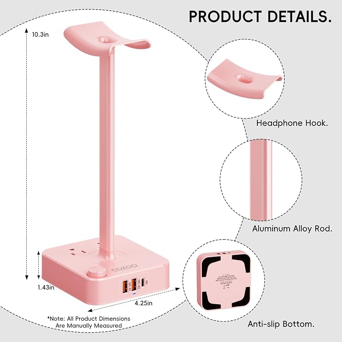 cozoo Headphone Stand with Charger, USB C, Gifts for Gamers Men, Pink | Gaming Headset Stand Holder for Desk, 3 USB(1 USB C) and 2 AC Outlets Charging Ports, Headphone Hanger, Gamer Gifts for Men - Image 9