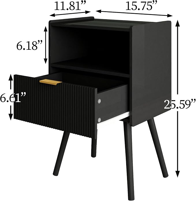 Veegle Nightstand,Modern Bedside Table with Storage Drawer and Open Wood Shelf, Accent Night Stand with Solid Wood Legs for Living Room, Bedroom and Small Spaces,Easy Assembly (Black) - Image 2