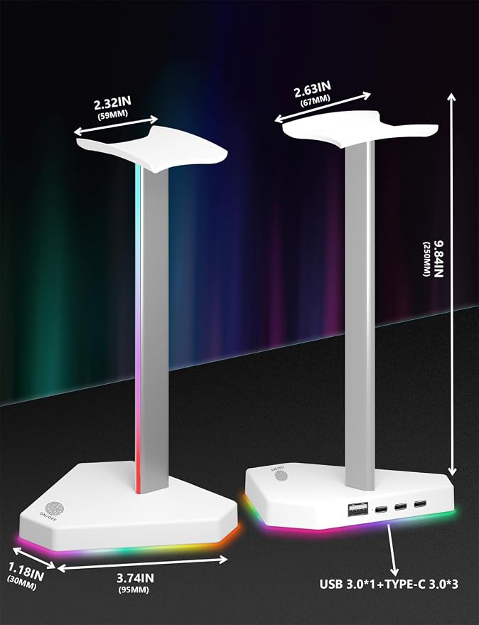 RGB Headphone Stand with 2 USB-C Charging Port and 1 USB Charging Port, Desk Gaming Headset Holder with 7 Light Modes and Non-Slip Rubber Base Suitable for All Earphone Accessories (White) - Image 6