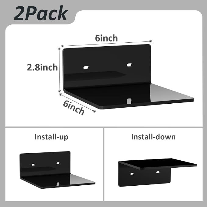 Sezanrpt 6 Inches Acrylic Small Wall Shelves 2 Pack, Floating Shelf for Wall Mounting, Acrylic Display Ledges for Funko Pop Figures, Home Décor, Living Room, Gaming Room, Plants(6 inch, Black) - Image 3