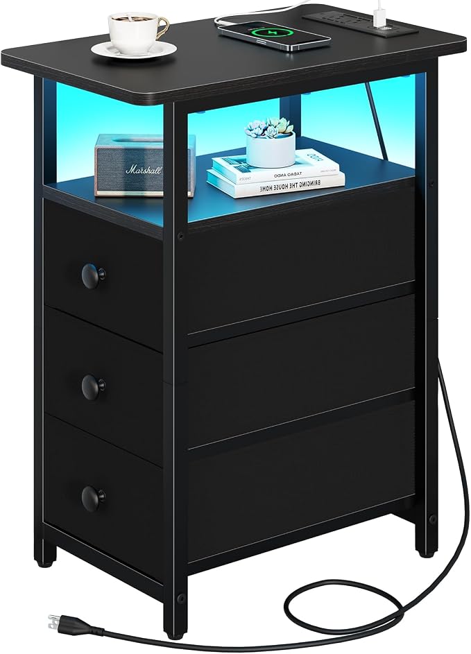 Yoobure End Table with Charging Station, LED Narrow Side Table Bedside Table, Small Night Stand End Tables Living Room, Skinny Nightstand with 3 Fabric Drawers, Side Tables Bedroom for Small Spaces by Yoobure