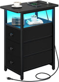 Yoobure End Table with Charging Station, LED Narrow Side Table Bedside Table, Small Night Stand End Tables Living Room, Skinny Nightstand with 3 Fabric Drawers, Side Tables Bedroom for Small Spaces by Yoobure