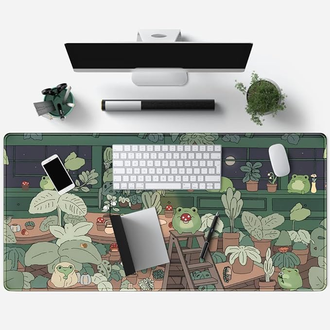 Cute Frog Mouse Pad Desk Pad Kawaii Green Desk Frog Decor Large Mouse Pad | Large Gaming Mouse Pad for Desk Computer Keyboard Laptop, Home Office Accessories for Girl (31.5x15.7 in)-with Stitched Eges - Image 4