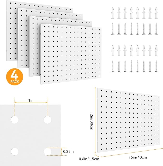 White Peg Board, 4 Pack Pegboard Wall Organizer, Metal Peg Board for Garage Tool Storage, , 4 Each 16" X 12" Heavy Duty Pegboard for Walls Home, Office Organization - Image 2