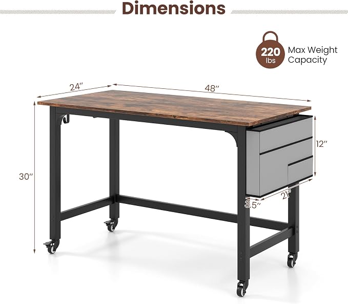 COSTWAY 48” Mobile Computer Desk, Home Office Desk on Wheels, with Reversible Storage Bag & 2 Earphone Hooks, 4 Lockable Wheels, Metal Frame, for Small Space (Black + Rustic Brown) - Image 3
