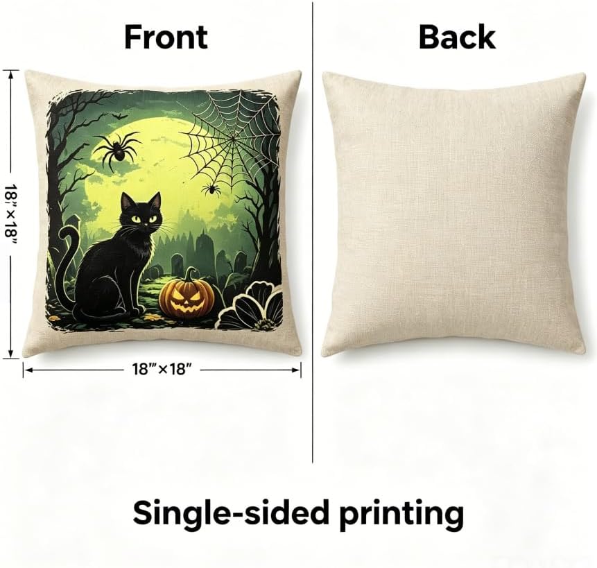 Halloween Throw Pillow Covers, Linen, 18x18 Inch, Set of 2, Witch, Black Cat and Skeleton Spooky Design, Machine Washable - Image 4